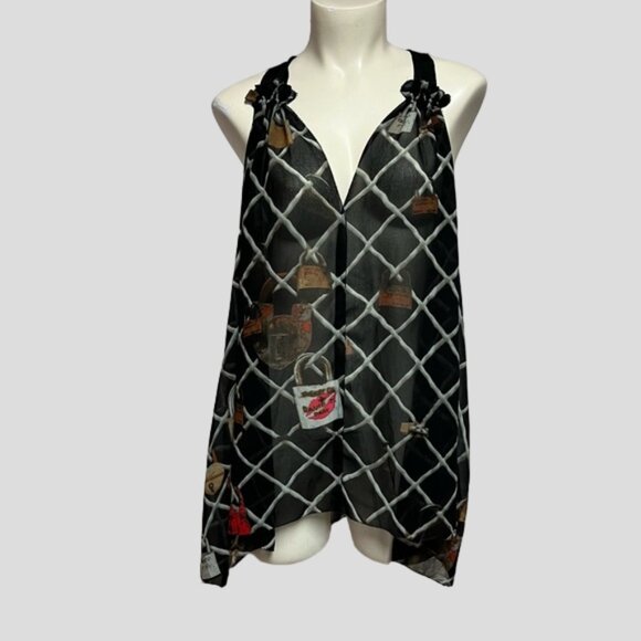Rachel Ray V Neck Black Sleeveless Fence With Locks Sheer Top - Picture 1 of 9